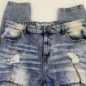 Grindhouse Men's Blue Jeans Distressed Paint Splatter Size 40x33 Y2k Whiskered‎